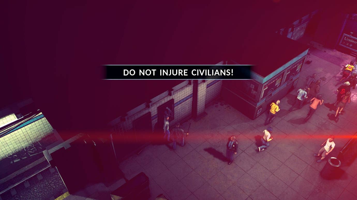 The player is warned not to hurt civilians in a game over screen.